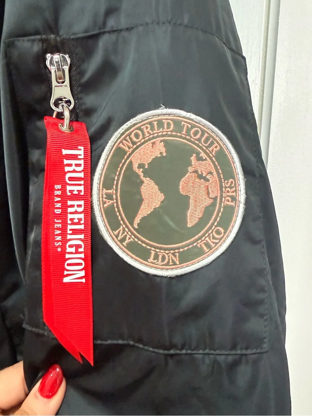 True Religion World Tour Bomber Jacket 3XL Multi-Patch Black